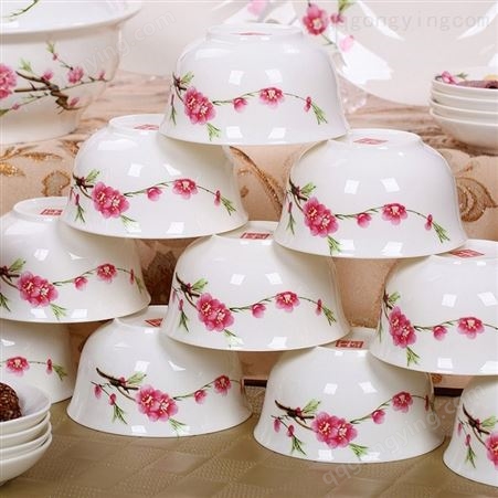 景德镇陶瓷餐具家用中式碗盘 56头经典水点桃花骨瓷餐具套装