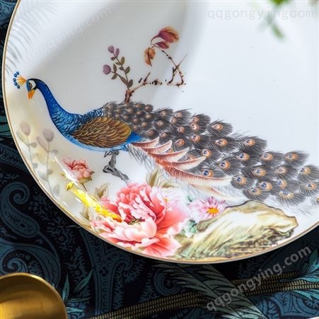 合燊陶瓷餐具套装中式家用 描金60头百鸟朝凤骨瓷餐具礼品