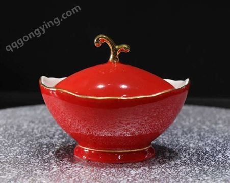 红色喜庆 纯色金边高级摆台 送人礼品陶瓷餐具批发