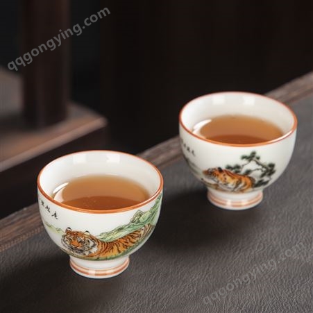五虎杯羊脂玉主人杯 单个白瓷功夫茶具 陶瓷茶杯礼盒装代发