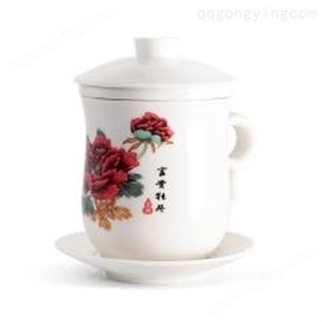 红素中国白会议杯老板杯带盖茶杯 500件起订不单独零售